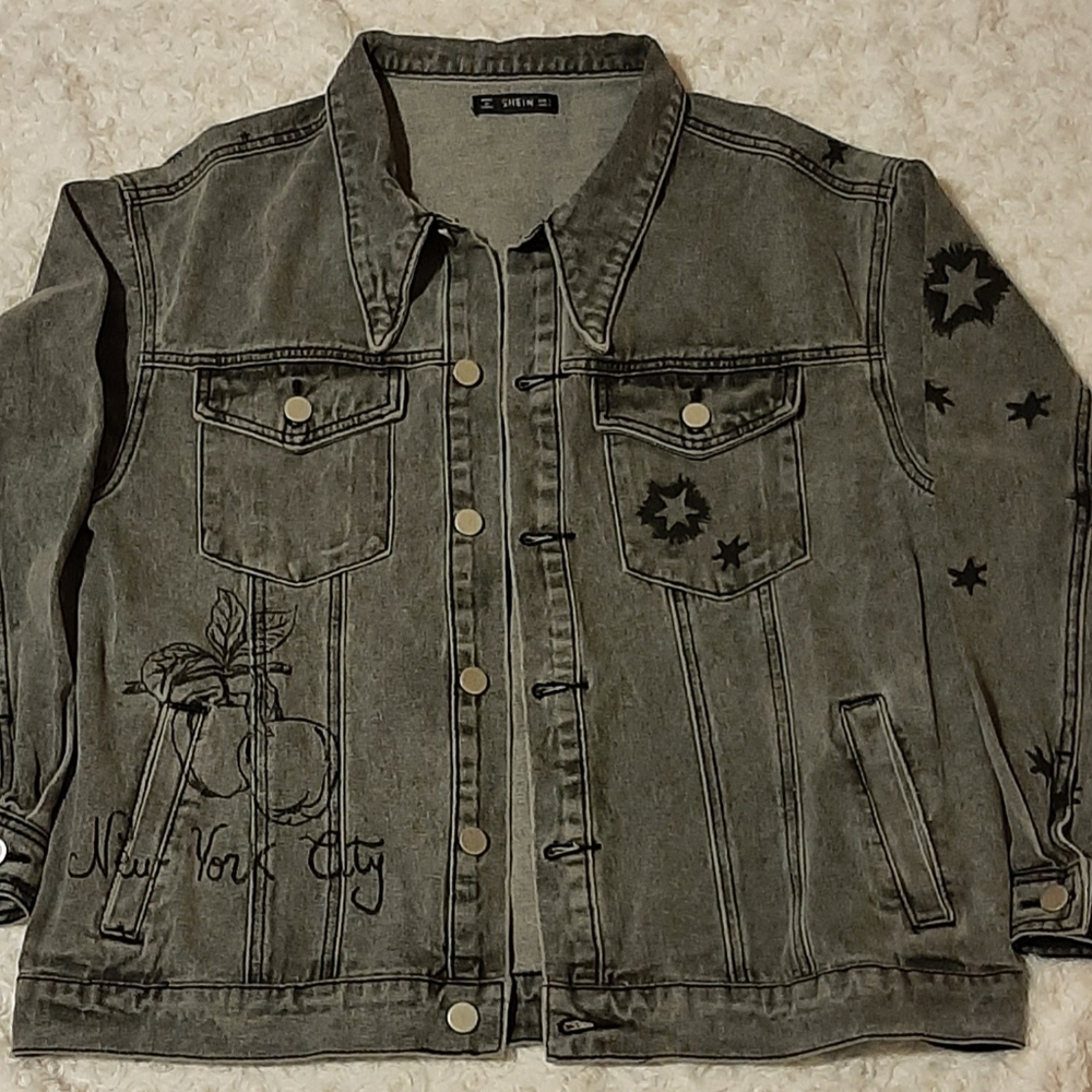 Gray Relaxed Fit Denim Art To Wear Graphic jacket Small Artsy YOLO